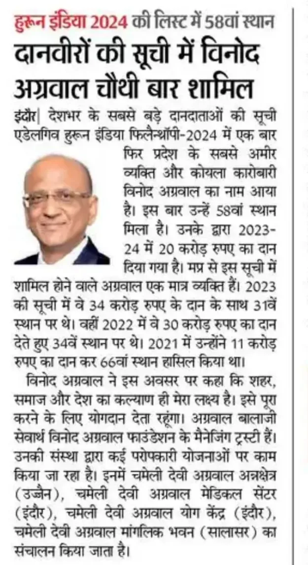 Managing Director, Mr. Vinod Agarwal, has emerged for the 4th consecutive year as the 58th most generous philanthropist in the country.